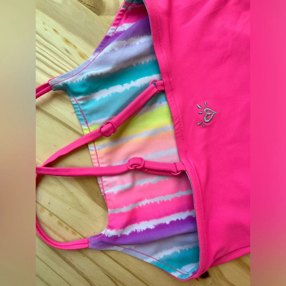 Girls Bright Pink & Rainbow Stripe Reversible Justice Swim Suit Sz 10/12